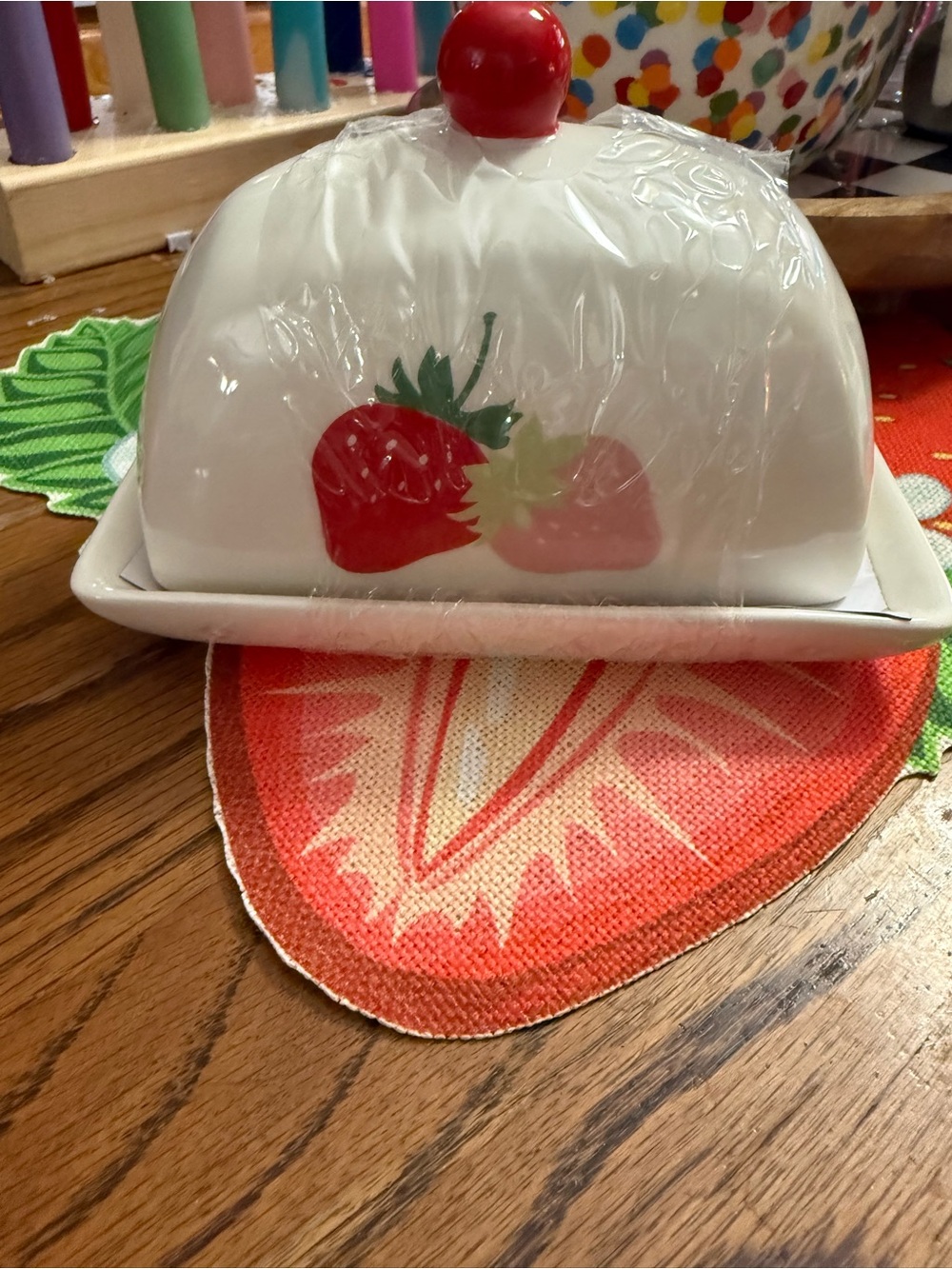 Strawberry fields Ceramic Butter Dish with Red Knob